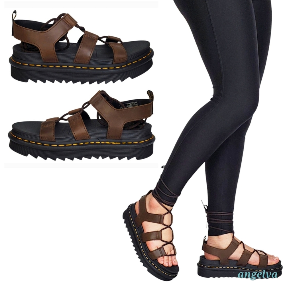 New Dr Martens Nartilla flatform gladiator sandals dark brown leather ankle tie